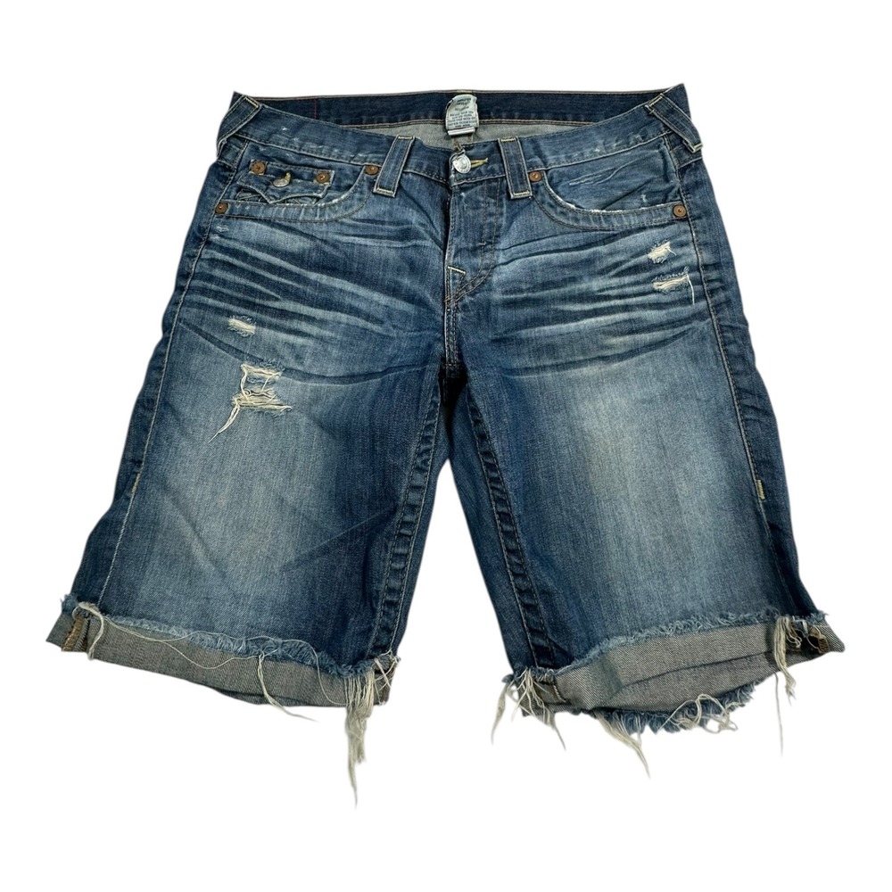True Religion Distressed Blue Denim Jean Shorts